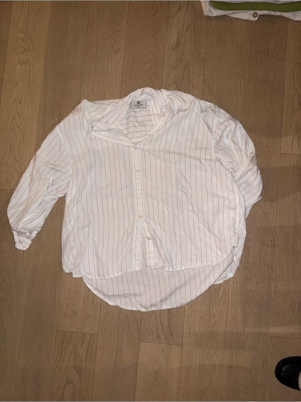 Babaton White Button-Down Shirt with Subtle Multi-Color Pinstripes